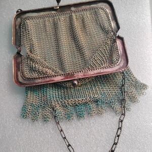 Whiting & Davis Silver and Green Chainmail Clutch